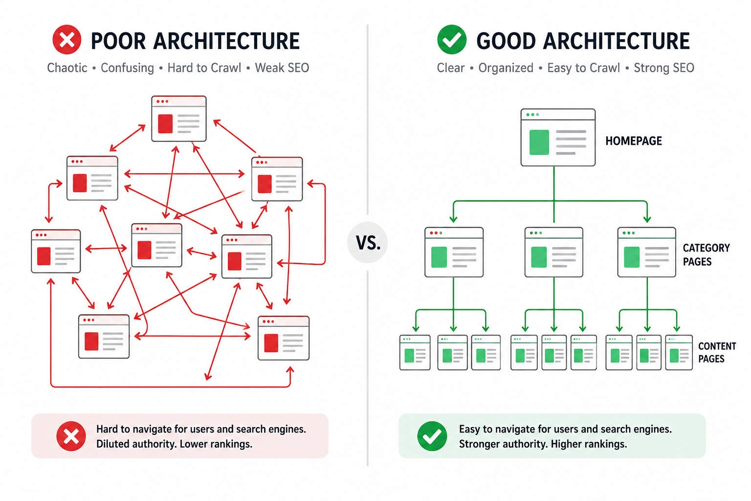 Website structure comparison: poor vs good